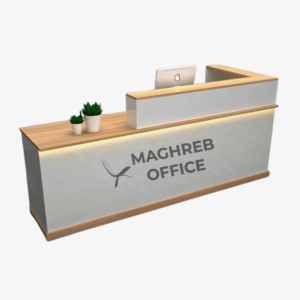 Banque d’accueil design scandinave avec structure bois et façade blanche, mobilier de bureau