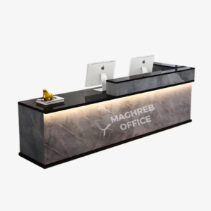 Banque accueil moderne plateau noir brillant façade texturée béton ciré éclairage LED Maghreb Office Maroc, mobilier de bureau