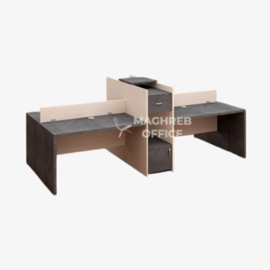 Bench de travail pour espaces collaboratifs avec séparations centrales, plateaux foncés et rangements intégrés, poste de travail collectif