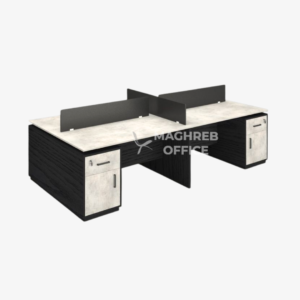 Bench professionnel open space avec séparation centrale, rangements sécurisés verrouillables et plateau clair, poste de travail collectif