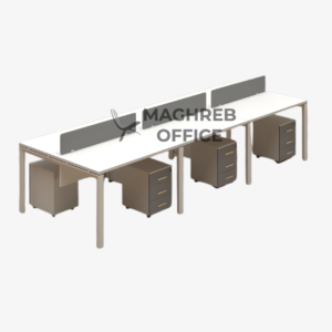 Bench professionnel open space avec caissons roulants, plateau blanc, séparations centrales et structure métallique, poste de travail collectif