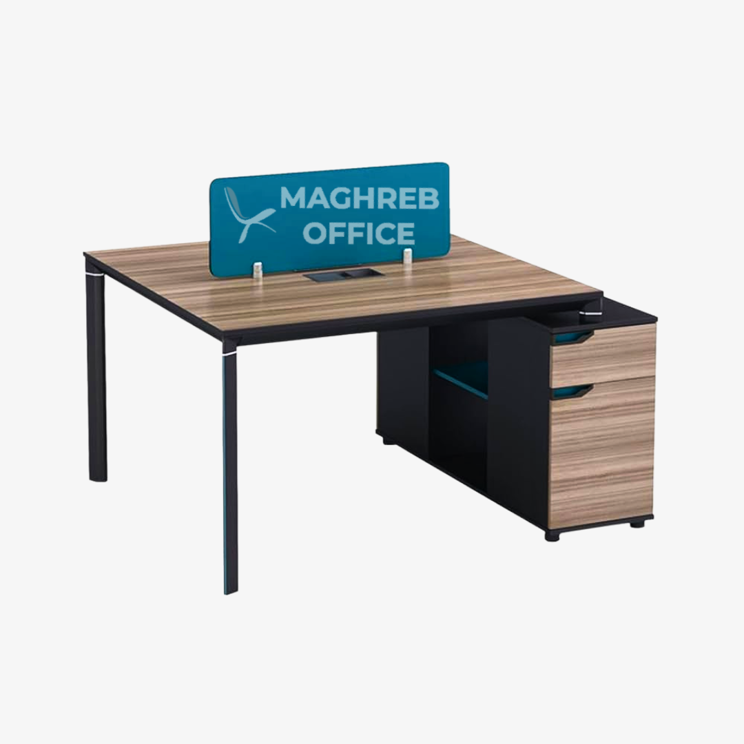 Bureau bench open space avec caisson fonctionnel, structure métallique noire et plateau bois, poste de travail collaboratif professionnel