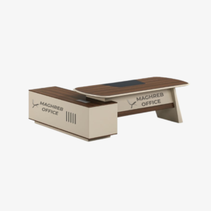 Bureau de direction moderne bois foncé et beige avec plateau arrondi