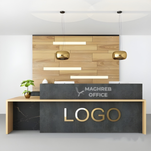 Desk réception architectural design logo frontal éclairage LED bois noir Maghreb Office, mobilier de bureau