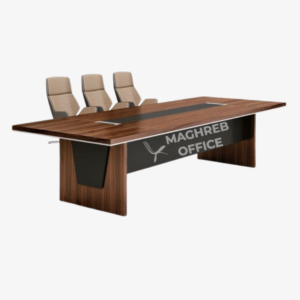 Table de réunion rectangulaire moderne en bois avec gestion des câbles intégrée, plateau bois et structure professionnelle pour salle de réunion